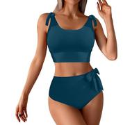 Maillot De Bain Taille Haute Grain Sable Maillot de Bain pour Femme, Ensemble Bikini Taille Haute à Double Lien sur Les épaules Tankini Femme 2 Pieces Shorty (Navy, XL)