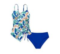 Maillot de bain tankini à pois pour fille avec haut à nouer sur le côté et | Le haut blanc sans manches a un motif à pois noirs et des détails à nouer sur le côté, associé à un slip noir uni séparé