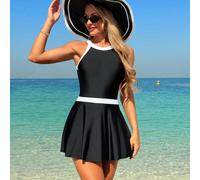 Maillot de bain tankini conservateur et élégant pour femmes, coupe minceur, en noir et blanc unicolore, design robe de bain, nouveau style été 2024 L,M,S,XLBlocs de couleurTissu tricoté
