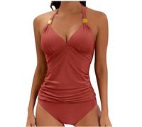 Maillot de bain tankini dos nu 2 pièces pour femme - Maillot de bain 2 pièces avec col en V, contrôle du ventre - Bikini taille haute avec bretelles réglables et design froncé pour une couverture