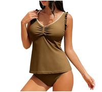Maillot de bain tankini sans manches à volants pour femme avec col rond et bas de maillot de bain deux pièces, Marron 1, M