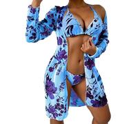 Maillot De Bain Transbronzant Ensemble 3 pièces imprimé Floral très Extensible, Maillot de Bain Triangle, col Licou, Bretelles à Nouer, Bikini et Manches Maillot De Bain Femme Ronde (Blue, L)