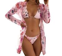 Maillot De Bain Transbronzant Ensemble 3 pièces imprimé Floral très Extensible, Maillot de Bain Triangle, col Licou, Bretelles à Nouer, Bikini et Manches Maillot De Bain Femme Ronde (Pink, XL)