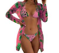 Maillot De Bain Transbronzant Ensemble 3 pièces imprimé Floral très Extensible, Maillot de Bain Triangle, col Licou, Bretelles à Nouer, Bikini et Manches Maillot De Bain Femme Ronde (Hot Pink, L)