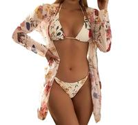 Maillot De Bain Transbronzant Ensemble 3 pièces imprimé Floral très Extensible, Maillot de Bain Triangle, col Licou, Bretelles à Nouer, Bikini et Manches Maillot De Bain Femme Ronde (Beige, XL)
