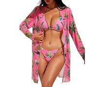 Maillot De Bain Transbronzant Ensemble 3 pièces imprimé Floral très Extensible, Maillot de Bain Triangle, col Licou, Bretelles à Nouer, Bikini et Manches Maillot De Bain Femme Ronde (Red, L)