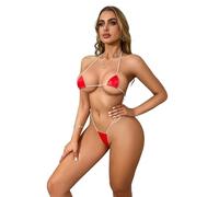 Maillot de bain ultra mini bikini double couche en cuir PU avec sangle pour rehausser le bronzage, Rouge, Taille unique