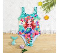 Maillot de bain une pièce à bretelles avec imprimé sirène de dessin animé pour jeune fille 6Y,7Y,4Y,5YAnimal,Portrait,PlantesPolyester