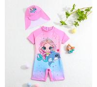 Maillot de bain une pièce à manches raglan et à manches courtes imprimé sirène pour bébé fille avec bonnet 9-12M,12-18M,18-24M,2-3YCartoon,Portrait,Géométrique,PaysageTissu du maillot de bain