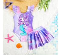 Maillot de bain une pièce ajusté avec jupe, imprimé de dessin animé de jeune fille, style minimaliste 6Y,7Y,4Y,5YCartoon,Portrait,PlantesPolyester
