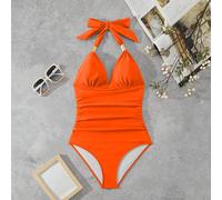 Maillot de bain une pièce avec froncis couleur unie et encolure à bretelles pour femmes, idéal pour la plage et la station balnéaire L,M,S,XLUnicolore,Motif texturéÉtoffe