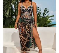 Maillot de bain une pièce avec imprimé aléatoire et bretelles pour femmes grandes tailles, été 0XL,1XL,2XL,3XL,4XLImprimé chaîne,Tout Imprimé,Baroque,Motif texturéTissu tricoté