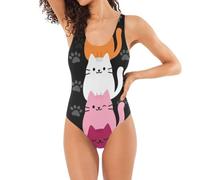 Maillot de bain une pièce classique pour femme, dos en U, allongement des jambes, impression par sublimation, Drapeau de la fierté lesbienne orange blush mignon chat style kawaii, Taille XL