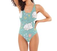 Maillot de bain une pièce classique pour femme style bohème chat soleil en forme de U contrôle du ventre dans le dos, Chiot Floral Bleu clair, Taille XL
