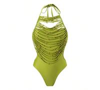 Maillot de bain une-pièce color unicolore femme Boho pour le printemps avec décolleté ras-du-cou, décoré de perles métalliques dorées ajourées et de pompons L,M,S,XLPlantes,Tout ImpriméÉtoffe