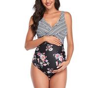 Maillot de Bain Une pièce de maternité croisé sur Le Devant - Maillot de Bain de Grossesse - Bikini de maternité Noir Floral L