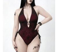 Maillot de bain une pièce dos nu avec nœud devant, style punk sombre sexy, grande taille, nouveau modèle 2026. Convient pour la plage et les vacances 0XL,1XL,2XL,3XL,4XLHalloweenTissu tricoté