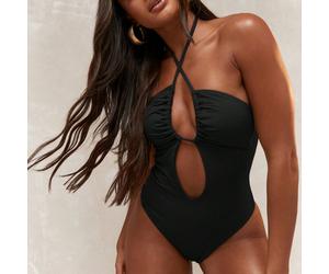 Maillot de bain une pièce élégant avec découpes, style brésilien échancré, col ras-du-cou croisé, dos nu. Vêtement de plage froncé pour l'été et la piscine L,M,S,XLUnicoloreTissu tricoté