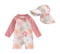 Maillot de Bain Une Pièce Enfant Bébé Fille Zippé à Manches Longue Anti-UV avec Chapeau (Rose Fleurs, 1-2 Years)
