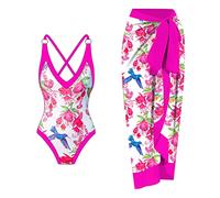 Maillot de Bain Une Piece Femme Deux Pieces Maillot de Bain Vintage Femme imprimé Fleuri col en U 1 pièce Maillots 1 pièce Coffon Cover UP 2 Pieces (Hot Pink,M)