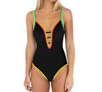 Maillot de Bain Une Pièce Femme Sexy à Col en V Plongeant avec Bordures Zigzag Colorées Monokini Bohème Échancré