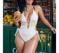 Maillot de bain une pièce grande taille avec décolleté ras-du-cou, à franges et ajouré, à la mode pour l'été 0XL,1XL,2XL,3XL,4XLUnicoloreÉtoffe