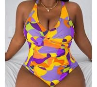 Maillot de bain une pièce imprimé abstrait coloré et graffiti, vacances d'été à la plage grande taille 2026 0XL,1XL,2XL,3XL,4XLImprimés aléatoiresTissu tricoté