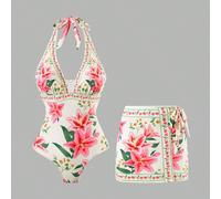 Maillot de bain une-pièce imprimé pour femmes avec jupe, ensemble de vêtements de plage décontracté pour station balnéaire, été 2025 L,M,S,XLPlantesTissu tricoté,Tissu du maillot de bain