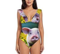 Maillot de bain une pièce innovant avec motif cochon fleur de viol pour femme 2024, noir, Taille M