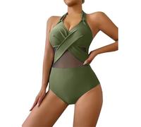 Maillot de Bain Une Piece Maillots de Bain Femme Womens Mesh Swimsuits Tummy Crisscross V Neck Bathing Suits Sexy Adjustable Straps Swimwear String Femme Maillots Short (Green, XXL)