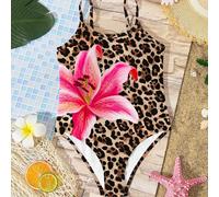 Maillot de bain une pièce minimaliste, décontracté, imprimé léopard, hibiscus, frangipani, style plage, vacances, convenant aux jeunes filles pour l'été, la plage, la romance et les vibrations de vaca