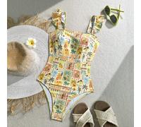 Maillot de bain une pièce modeste et mignon avec imprimé à volants, idéal pour les vacances à la plage L,M,S,XLPlantes,Tout ImpriméTissu tricoté