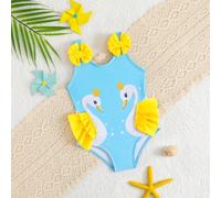Maillot de bain une pièce pour bébé fille avec imprimé cygne, volants et nœud papillon 6-9M,9-12M,12-18M,18-24M,2-3YAnimal,Cartoon,PortraitPolyester