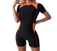 Maillot de bain une pièce pour femme - Fermeture éclair intégrale - Manches courtes - Contrôle du ventre - Pour le sport - Bloc de couleurs - Maillot de bain modeste - Plage - Surf, #03 Noir, S