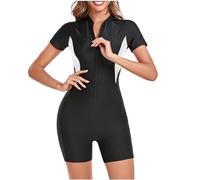 Maillot de bain une pièce pour femme - Fermeture éclair intégrale - Manches courtes - Contrôle du ventre - Pour le sport - Bloc de couleurs - Maillot de bain modeste - Plage - Surf, #02 Blanc, S