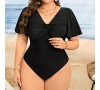 Maillot de bain une pièce pour femme grande taille, couleur unie, avec volants aux manches, cordon de serrage à la poitrine et cache-ventre, pour l'été 0XL,1XL,2XL,3XL,4XLTissu tricoté