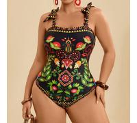 Maillot de bain une pièce rétro imprimé, avec nœud papillon aux épaules, pour femmes de grande taille. Tenue de détente pour station balnéaire 0XL,1XL,2XL,3XL,4XLFloral,Plantes,Tout ImpriméTissu trico