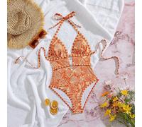 Maillot de bain une pièce style rétro vacances pour femmes, blocs de couleurs orange et beige, imprimé de créatures marines, col ras-du-cou avec nœud, décoration en métal ajouré à double couche en for