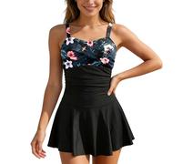 Maillot de Bain Une Pieces pour Femme Rétro Jupe avec Volantée Contrôle du Ventre Push Up Col en U,Maillot De Bain