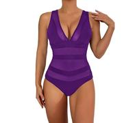Maillot de Bain Ventre Plat 1 Piece Grande Taille Women's Sexy Swimsuit with Breast Without Support Solid Color Mesh Splicing Hollow Out Shorty de Bain Femme Maillots de Bain String Femme (Purple, M)