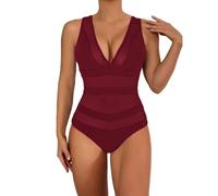 Maillot de Bain Ventre Plat 1 Piece Puh Up Women's Sexy Swimsuit with Breast Without Support Solid Color Mesh Splicing Hollow Out Vetement Femme Culotte Taille Haute Maillots Bain (Wine, S)