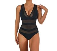 Maillot de Bain Ventre Plat 1 Piece Puh Up Women's Sexy Swimsuit with Breast Without Support Solid Color Mesh Splicing Hollow Out Vetement Femme Culotte Taille Haute Maillots Bain (Black, XL)