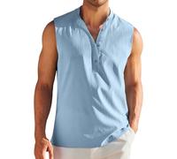 Maillot de corps en lin pour homme - Col en V - Blanc - Sans manches - Dos long - T-shirt de sport - Col montant - Coupe ajustée - Coupe moderne - Chemises de loisirs - Chemise d'été, bleu, XL