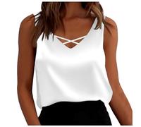 Maillot de corps Femme Débardeur Satin Bretelles Basique Gilet d'été Chemise Décontractée Col en V Blouses sans Manches Carreaux Femme Hiver, Blanc., XXL