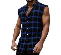Maillot De Corps Homme - Mens Summer Fashion Casual Plaid Print Buckle Sanding Sleeveless T Shirt Vest (Dark Blue L)