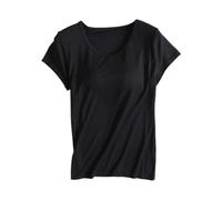 Maillot de corps modal pour femme T-shirt avec soutien-gorge intégré : chemisier à manches courtes extensible décontracté tunique ample chemise basique débardeurs avec soutien-gorge intégré Haut d'été