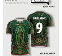 Maillot de football vert & or de la Vierge Marie de Guadalupe du Mexique, décoré avec la Vierge Marie dorée & un totem floral, élégant & solennel, match de football 2026 L,M,S,XL,XS,XXLTissu tricoté