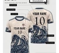 Maillot de soccer Real Madrid beige et marine avec motifs de dragon | Entièrement personnalisé pour les équipes à l'héritage culturel, les fans de mythologie | Personnaliser l'art du dragon, ajouter d