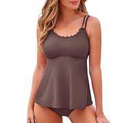 Maillot Femme 2 Pieces Maillot de Bain Bandeau Women's 2 Piece Solid Color Swimsuit with Breast Without Bracket Straps Lace Tankini Round Lace Double Straps Haut de Bikini Femme (Coffee XL)