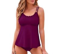 Maillot Femme 2 Pieces Maillot de Bain Bandeau Women's 2 Piece Solid Color Swimsuit with Breast Without Bracket Straps Lace Tankini Round Lace Double Straps Haut de Bikini Femme (Wine M)